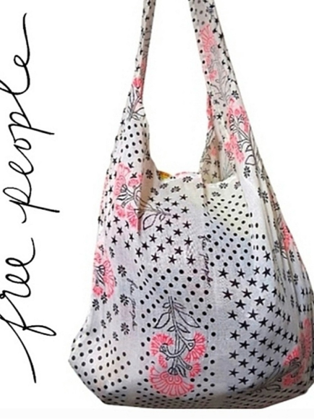 Free People Tan Floral Boho Linen Cloth Reusable Lightweight Shopping Tote Bag